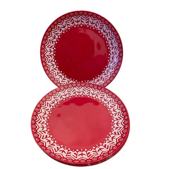 Holiday Red & White Melamine 11in Dinner Plates Set of 4 Christmas Snow New - Picture 1 of 10